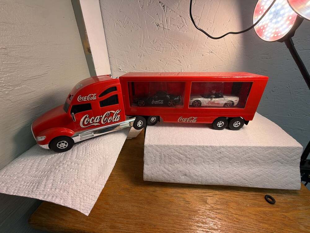 Coca-Cola Semi Truck Corvette Carrier Toy with Two Corvettes